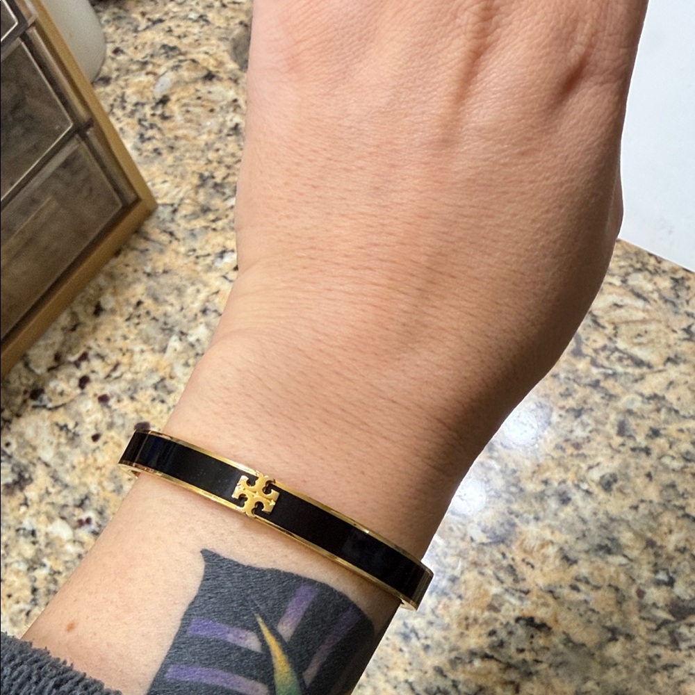 Tory Burch Black and Gold Logo Bangle